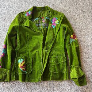 Johnny Was M Boho Olive Green Corduroy Blazer Jacket Bird Floral Embroidered